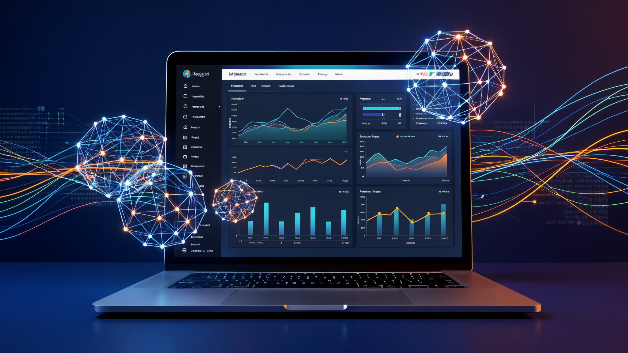 AI marketing analytics dashboard with neural network graphics